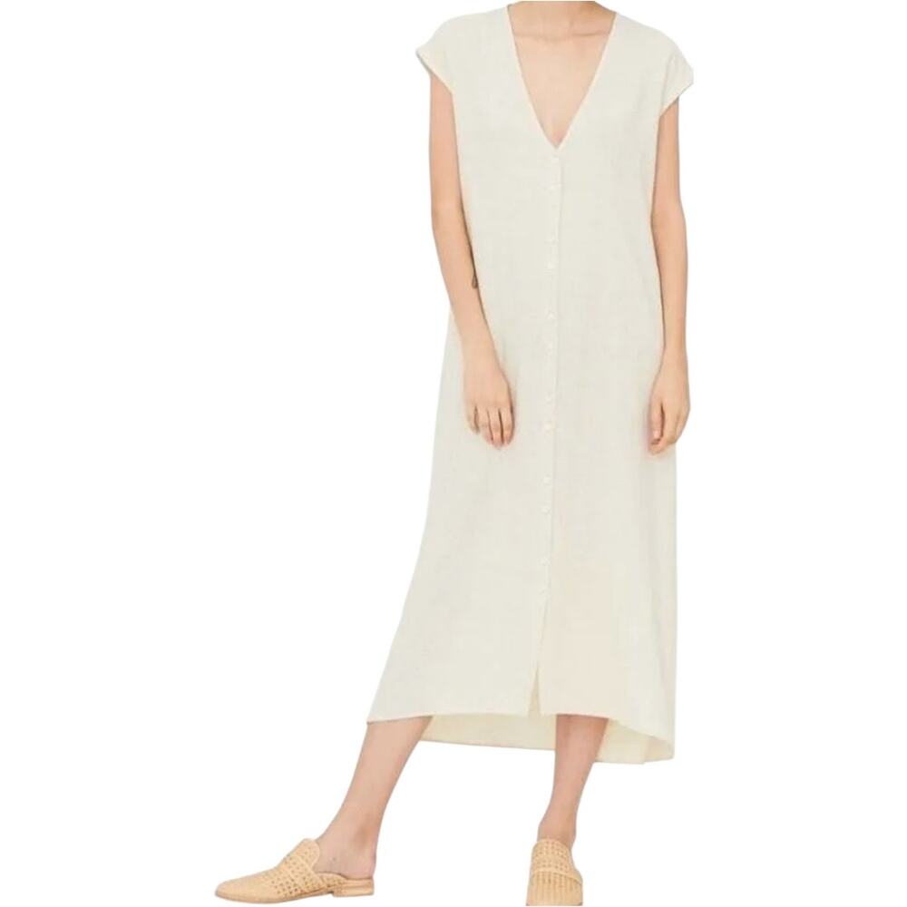 Esby Winnie Dress Midi Hemp Tie Back Deep V-Neck Button Down Natural Beige M